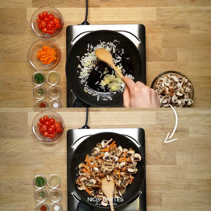 Babykarotten und Champignons braten