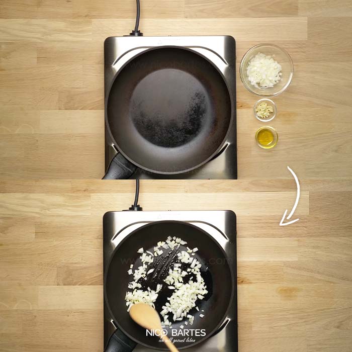 Mit Olivenöl Zwiebel und Knoblauch anbraten