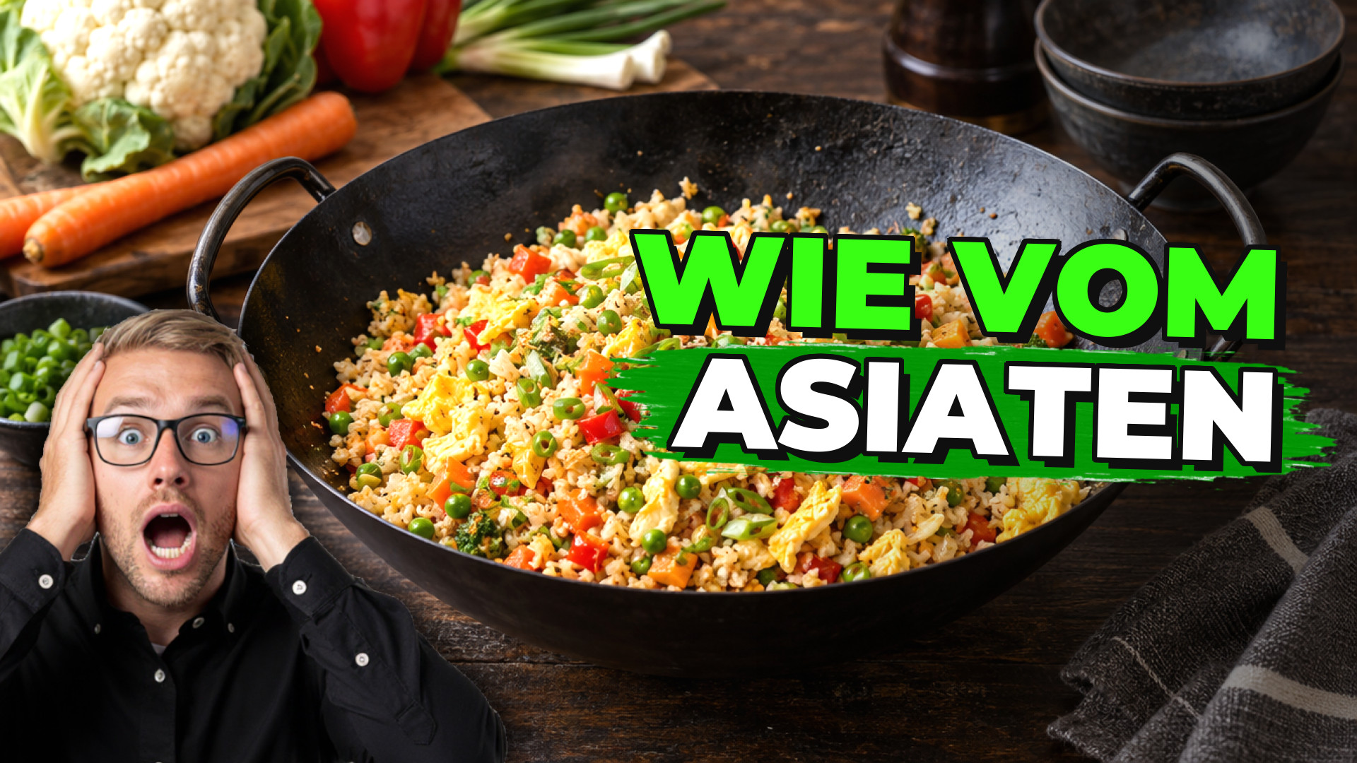 Blumenkohlreis mit Ei und Gemüse aus dem Wok – vegetarisch Low Carb